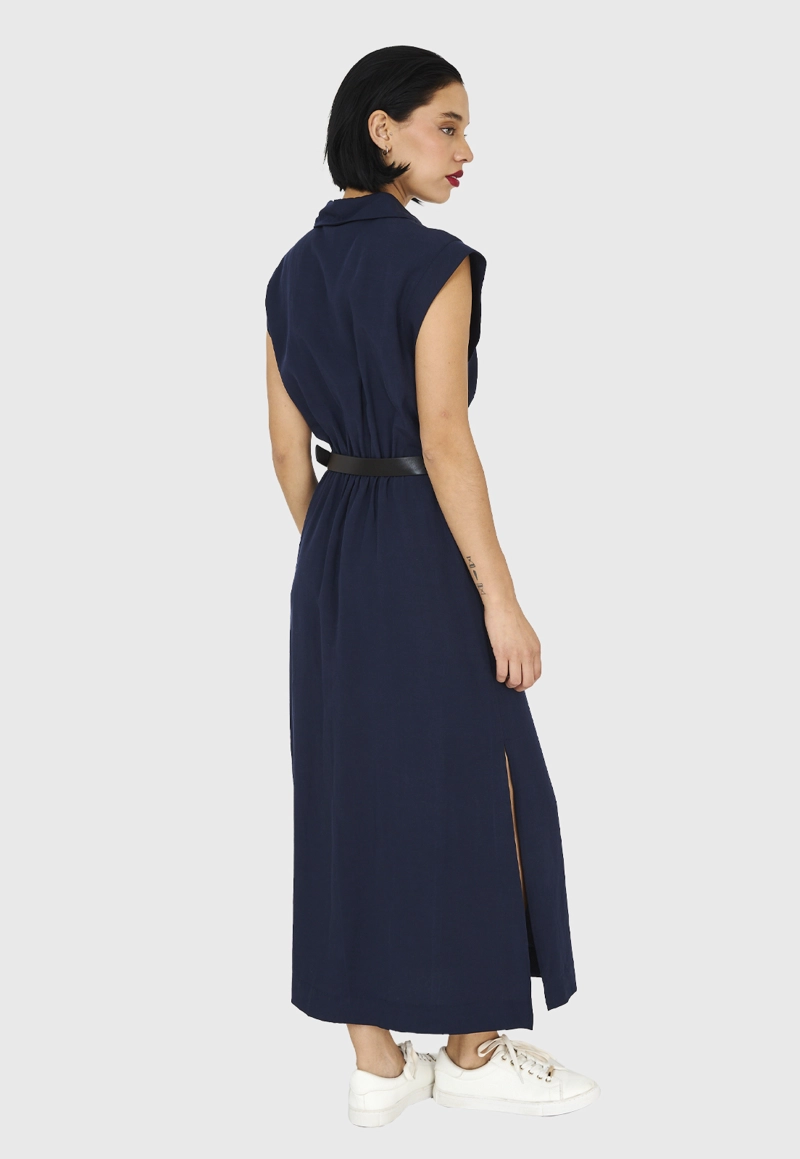 VESTIDO CAMISERO MUJER NICOPOLY AZUL MARINO CINTURÓN - 4