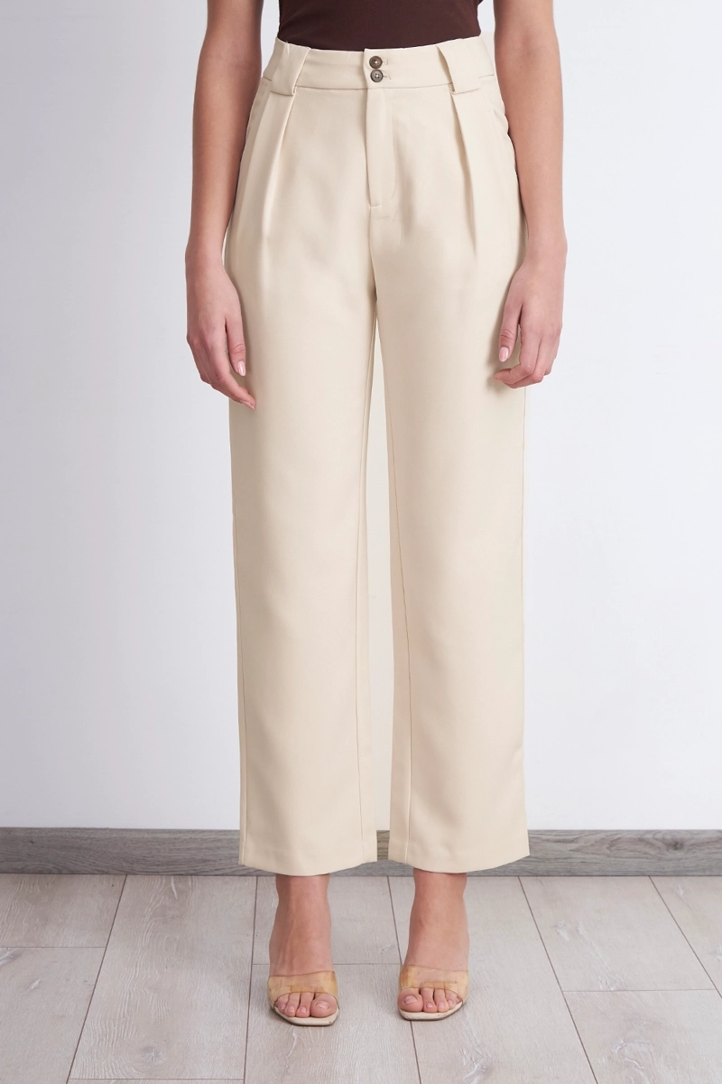 PANTALÓN MUJER NICOPOLY BEIGE RECTO CON PINZAS - 1