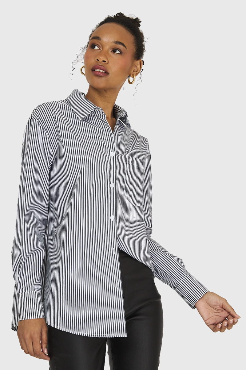 CAMISA ALGODÓN MUJER NICOPOLY NEGRO RAYAS - 1