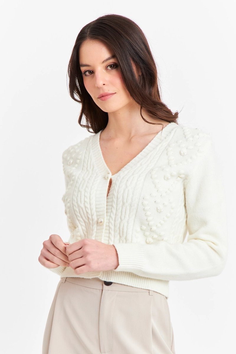 CÁRDIGAN MUJER NICOPOLY BLANCO INVIERNO CROP PERLAS - 1