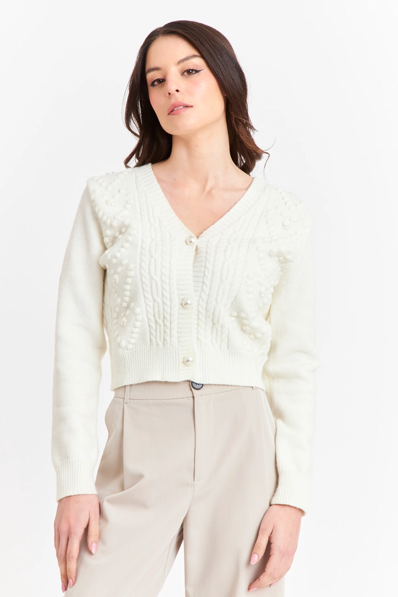 CÁRDIGAN MUJER NICOPOLY BLANCO INVIERNO CROP PERLAS - 5