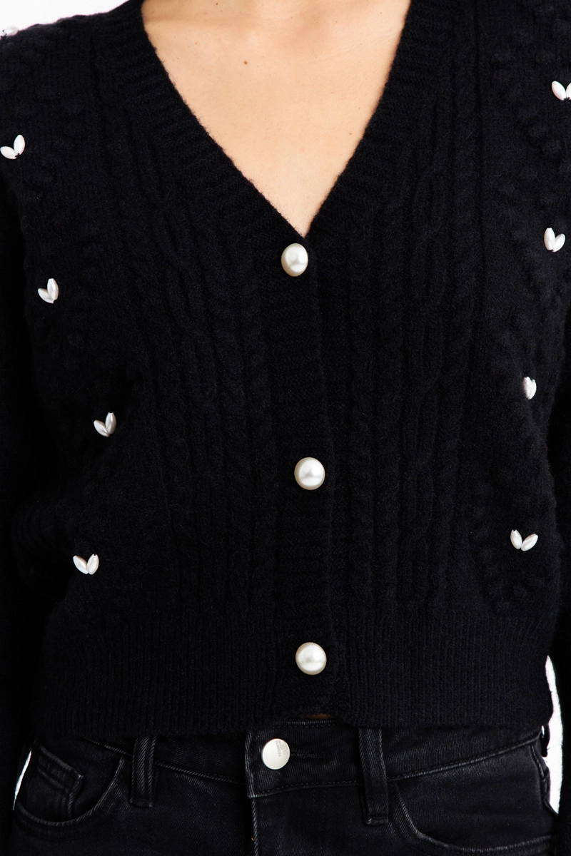 CÁRDIGAN MUJER NICOPOLY NEGRO CROP PERLAS - 6