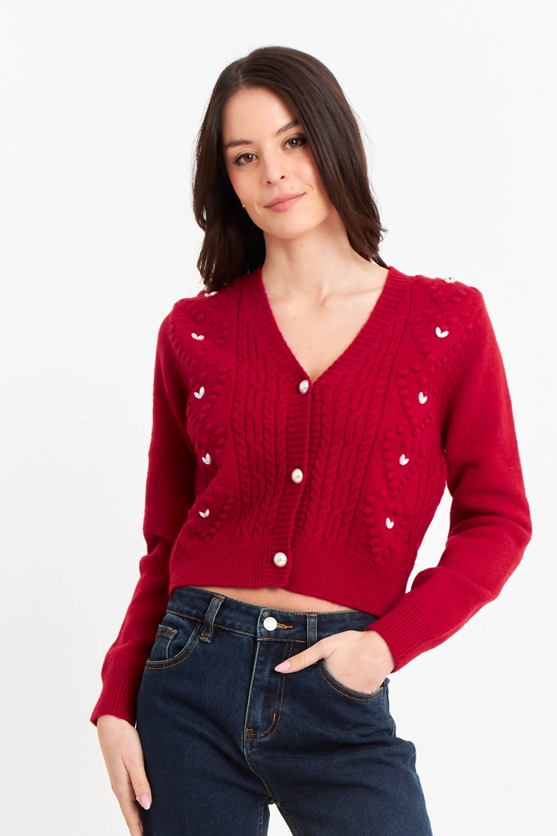 CÁRDIGAN MUJER NICOPOLY ROJO CROP PERLAS - 1