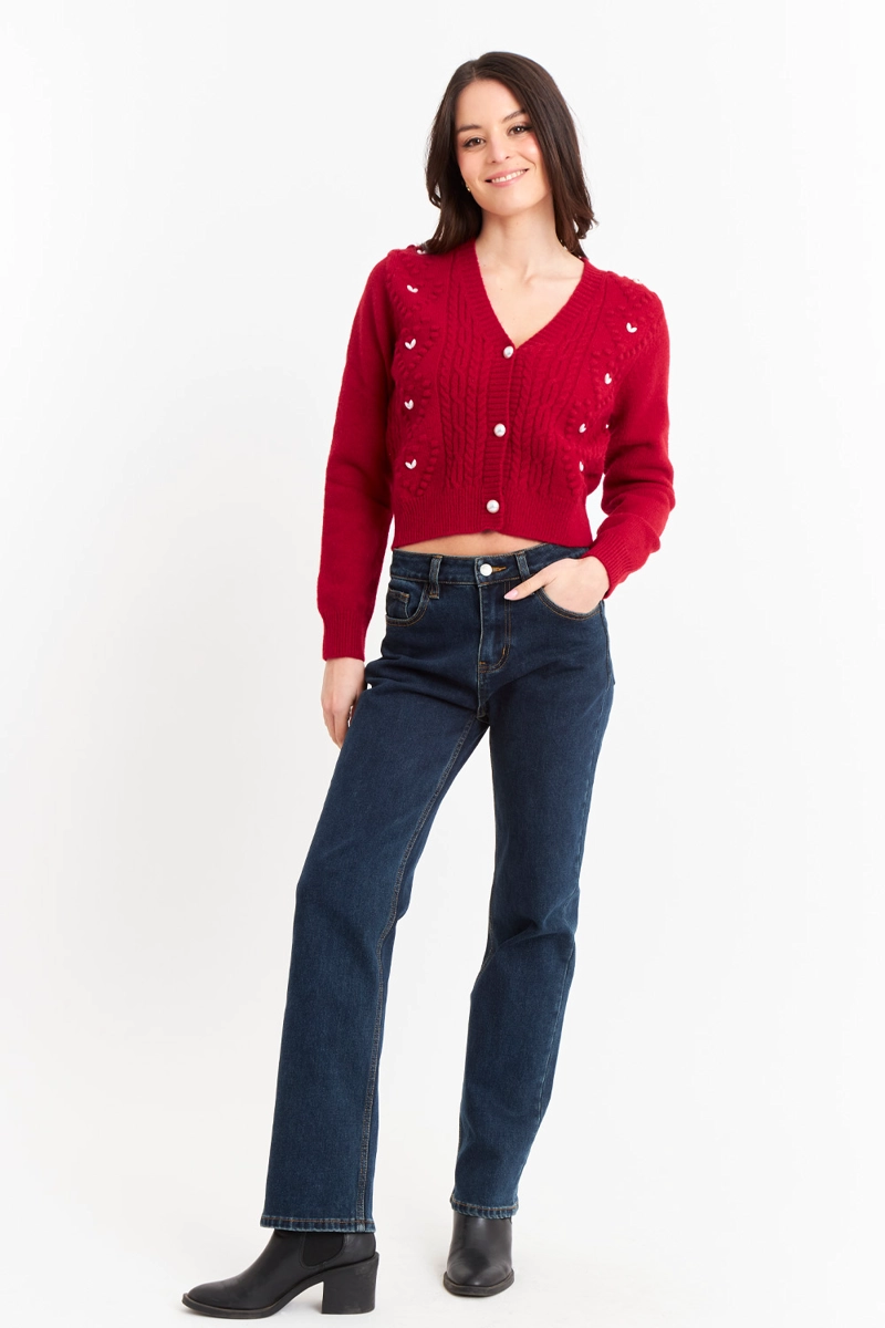 CÁRDIGAN MUJER NICOPOLY ROJO CROP PERLAS - 2