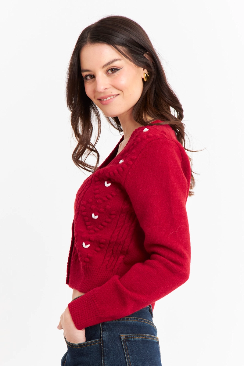 CÁRDIGAN MUJER NICOPOLY ROJO CROP PERLAS - 3