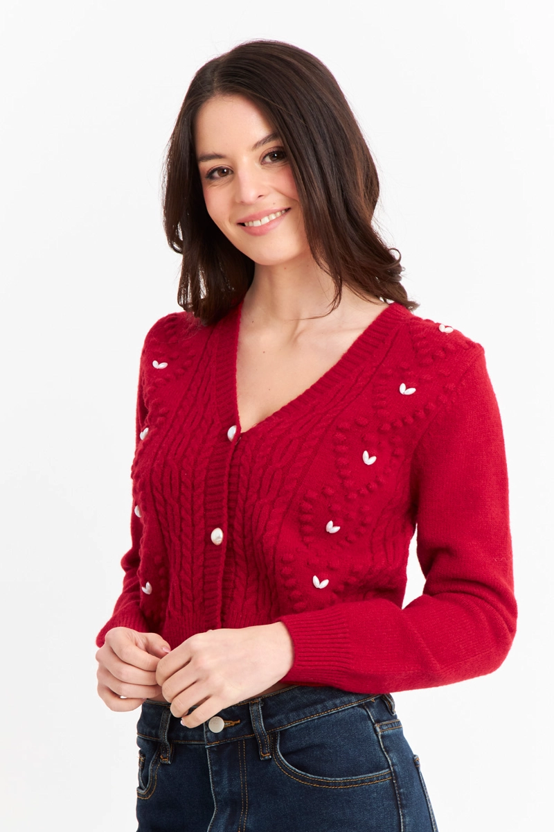 CÁRDIGAN MUJER NICOPOLY ROJO CROP PERLAS - 5