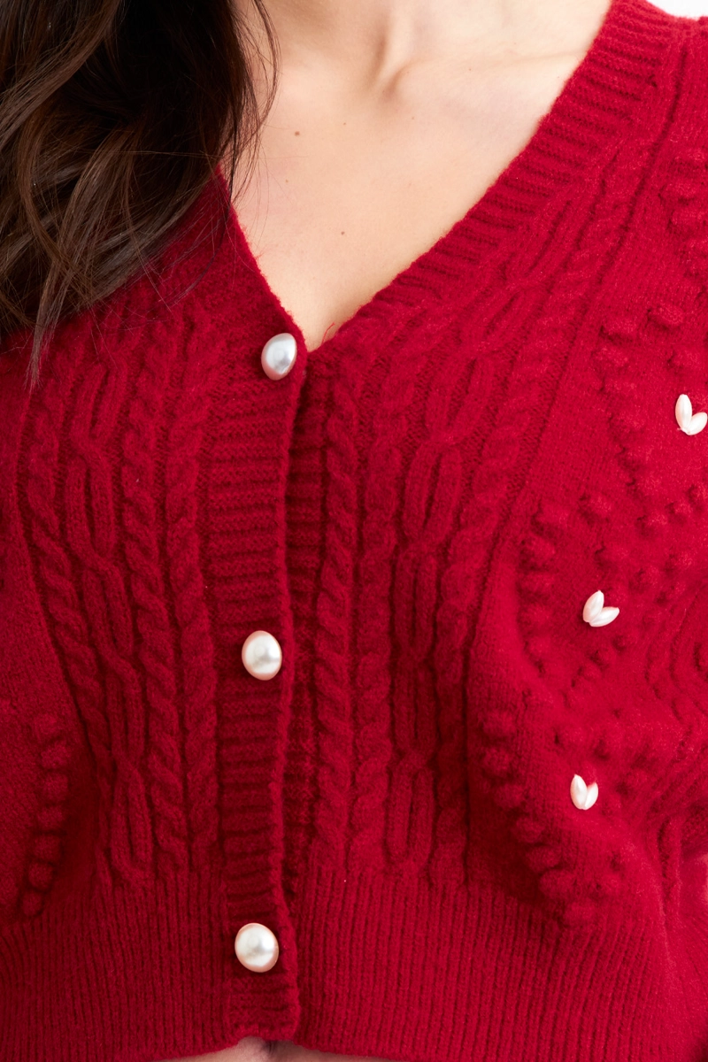 CÁRDIGAN MUJER NICOPOLY ROJO CROP PERLAS - 6