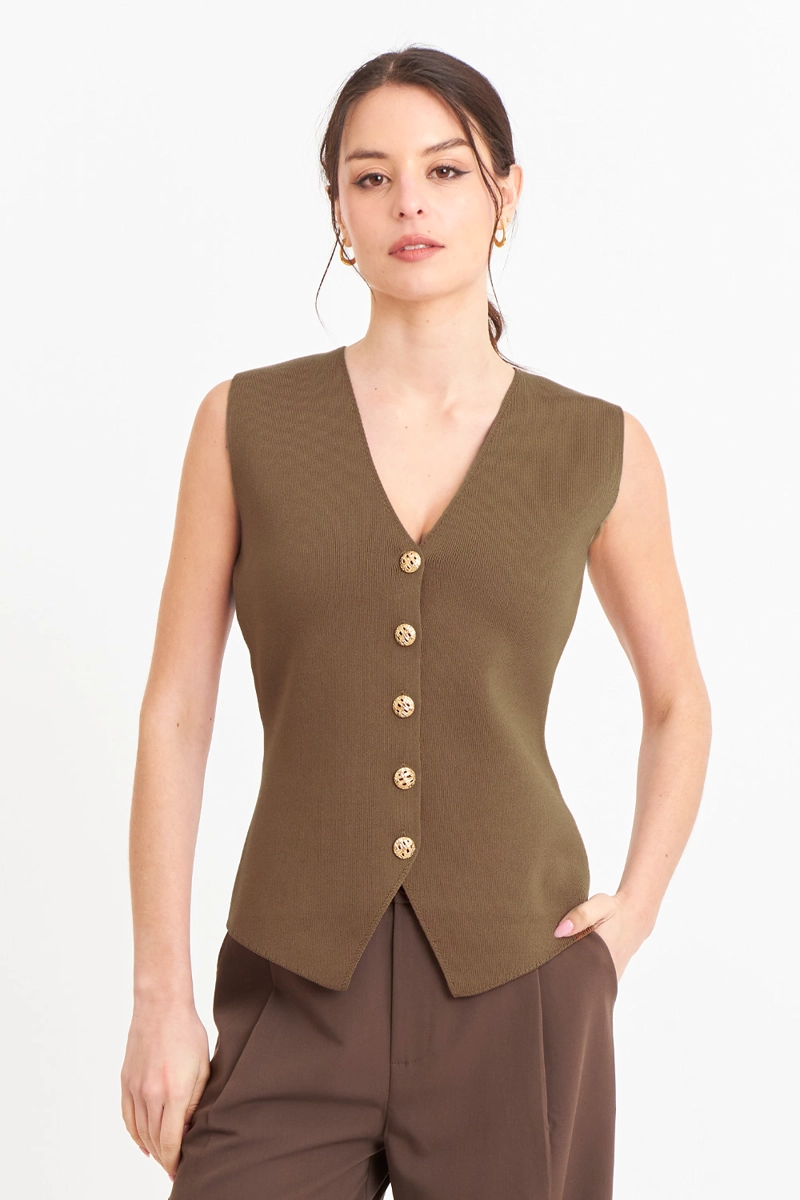 GILET LARGO CON BOTONES CAFE - 5