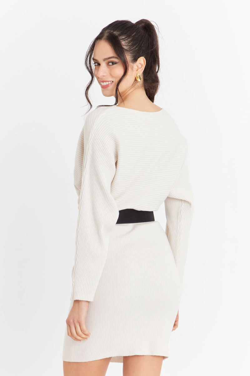 VESTIDO ACANALADO BLANCO CON CINTURON NICOPOLY - 4