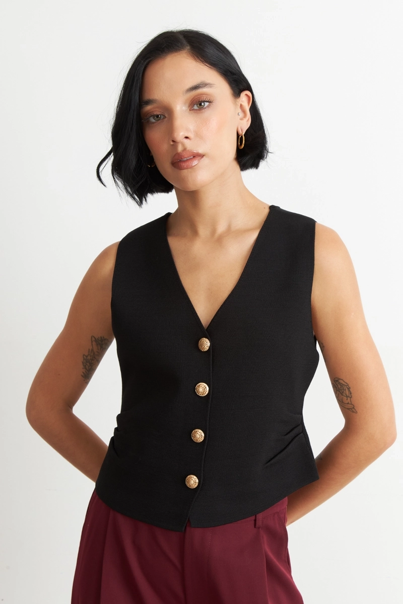 GILET CON DRAPEADO LATERAL NEGRO - 5