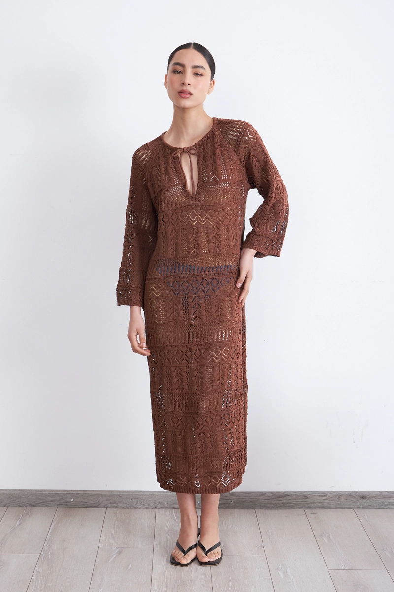 VESTIDO LARGO TEJIDO CAFE MUJER NICOPOLY - 1