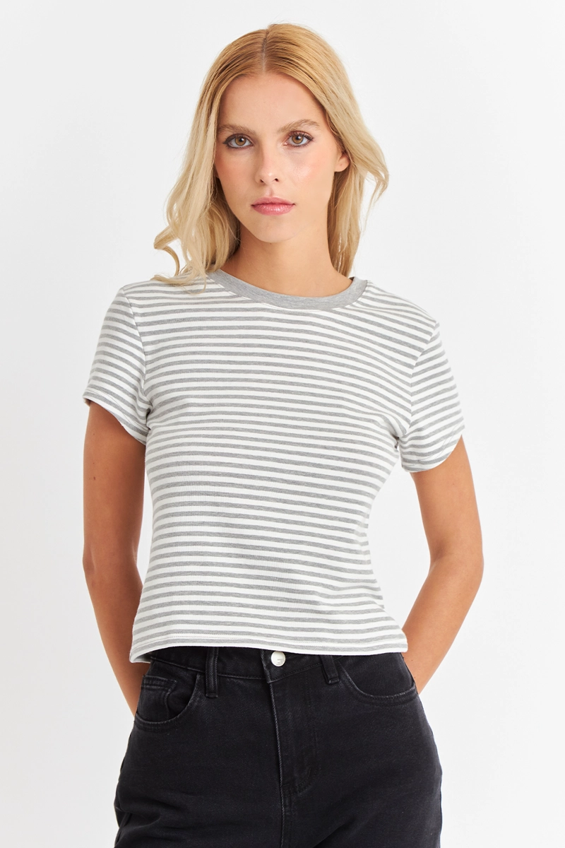 POLERA BASICA CUELLO REDONDO LINEAS GRIS CLARO NICOPOLY - 1