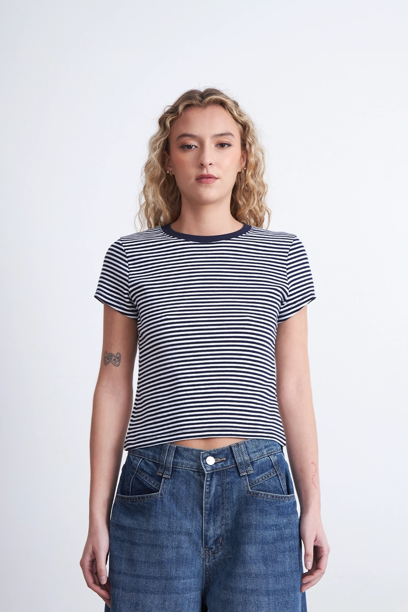 POLERA BASICA CUELLO REDONDO LINEAS AZUL MARINO MUJER NICOPOLY - 1