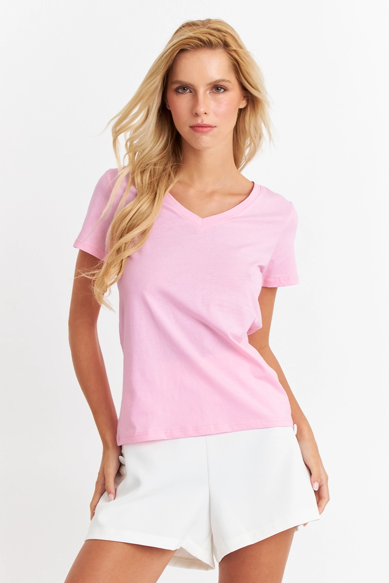 POLERA ESCOTE EN V BASICA ROSADO NICOPOLY - 1