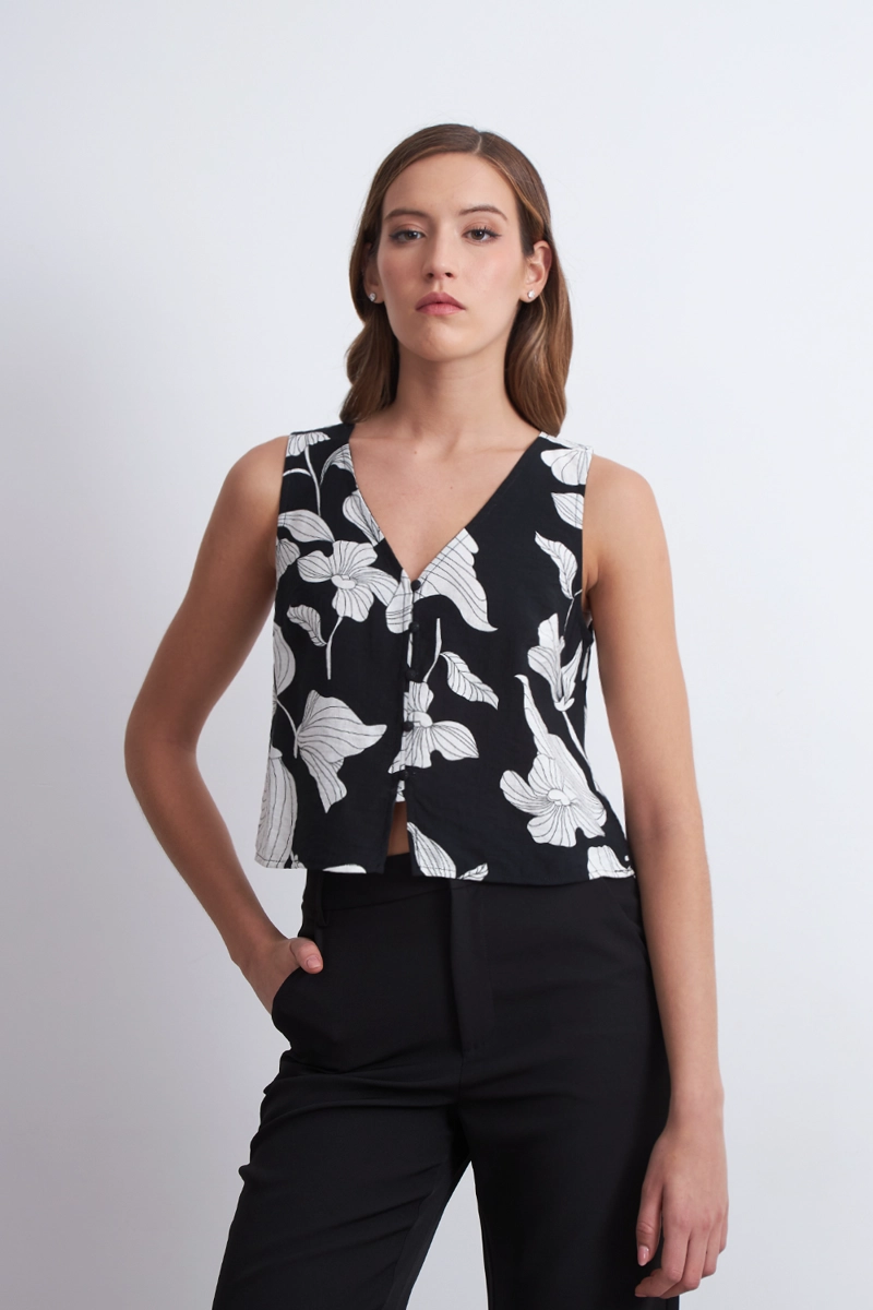 BLUSA SIN MANGAS NEGRA CON FLORES BLANCAS MUJER NICOPOLY - 1
