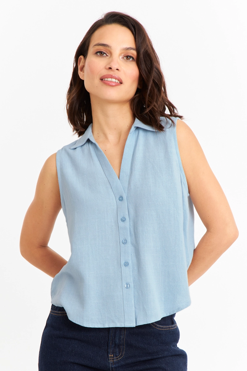 CAMISA SIN MANGAS TIPO LINO CELESTE NICOPOLY - 1