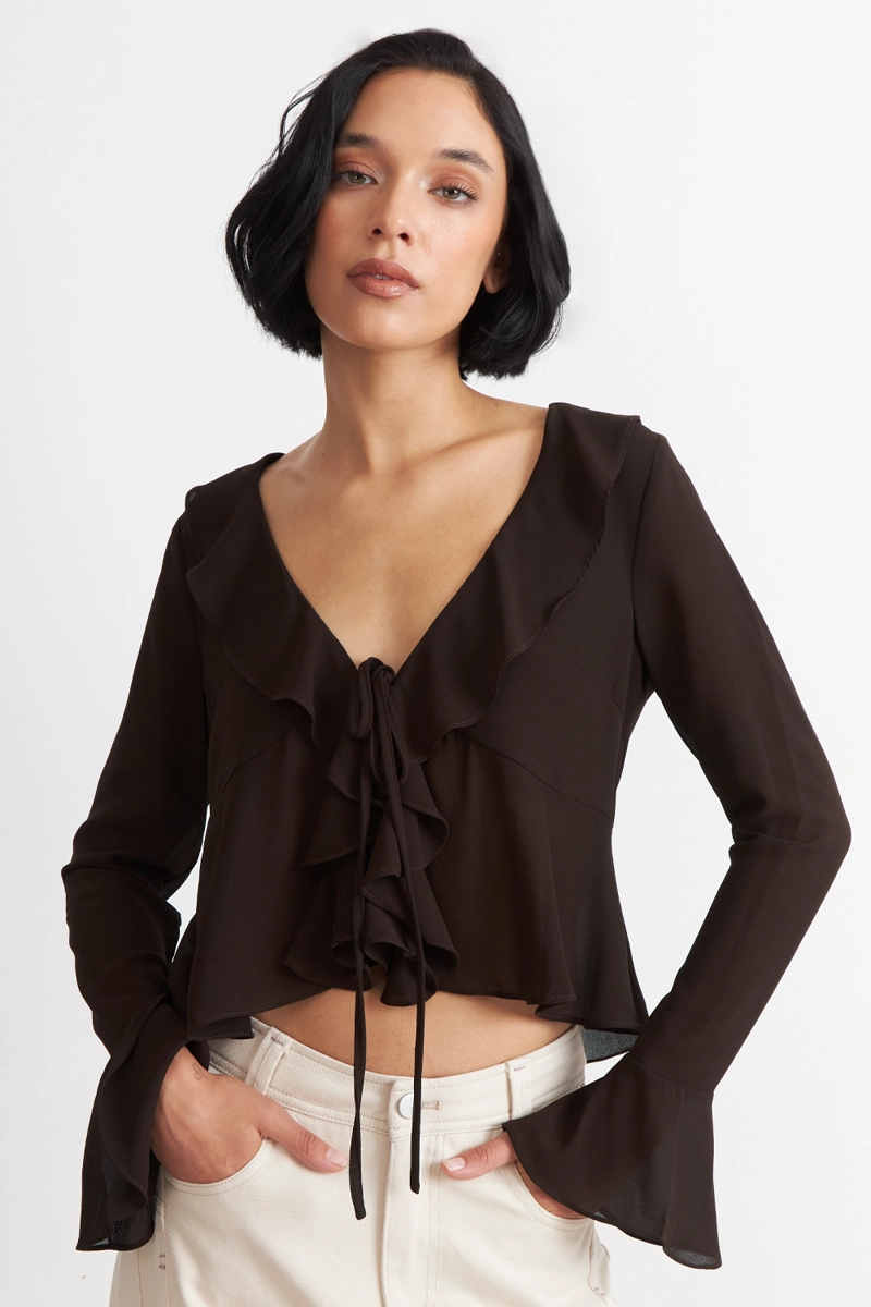 BLUSA VUELOS MANGA LARGA CAFE  NICOPOLY - 1