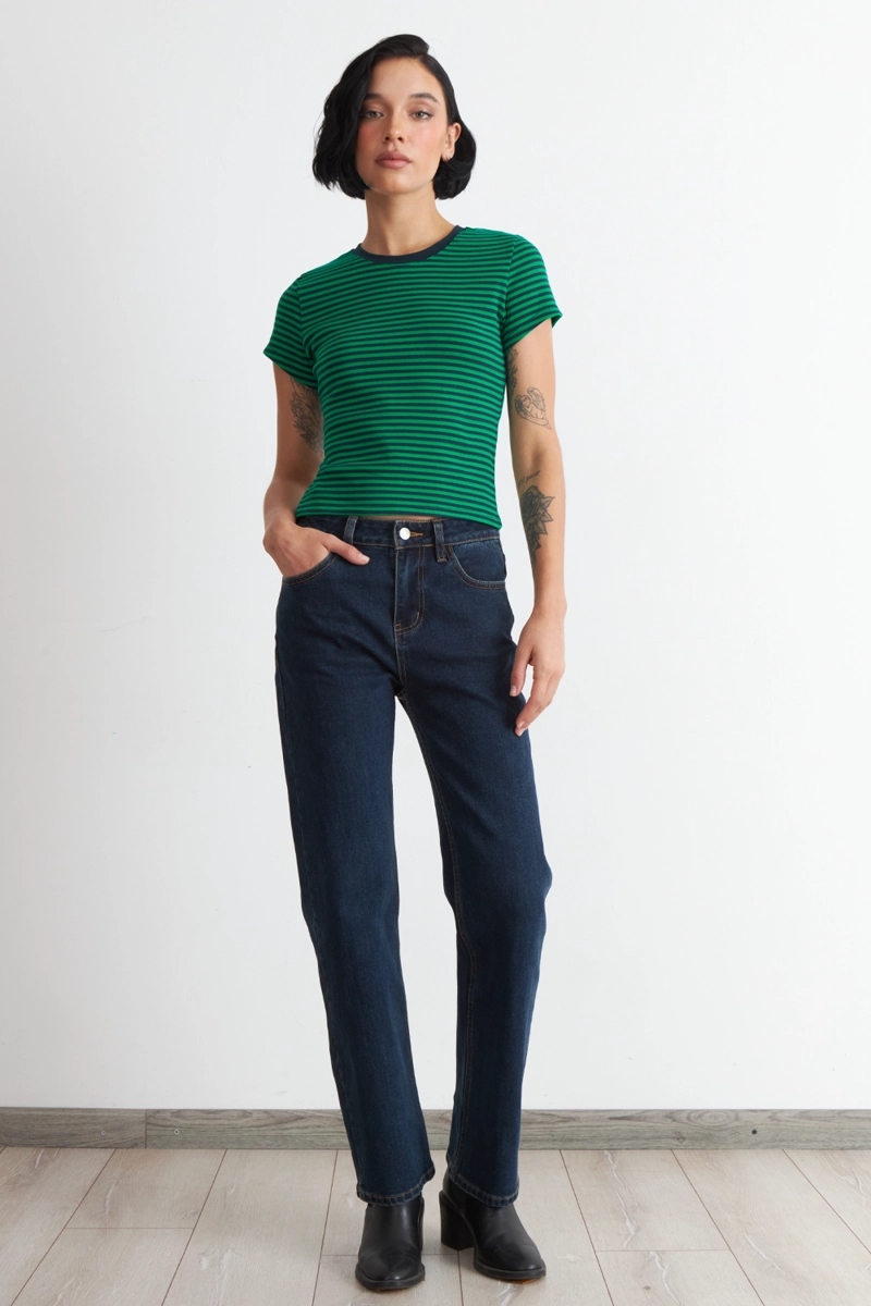 POLERA BASICA CUELLO REDONDO LINEAS VERDE MUJER NICOPOLY - 2