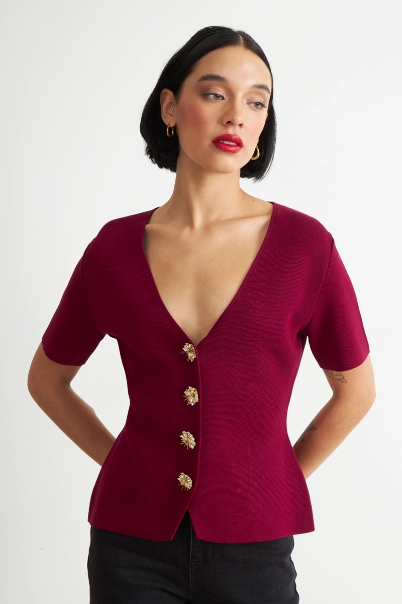 POLERA HILO CUELLO V BOTONES BURDEO	 MUJER NICOPOLY - 1