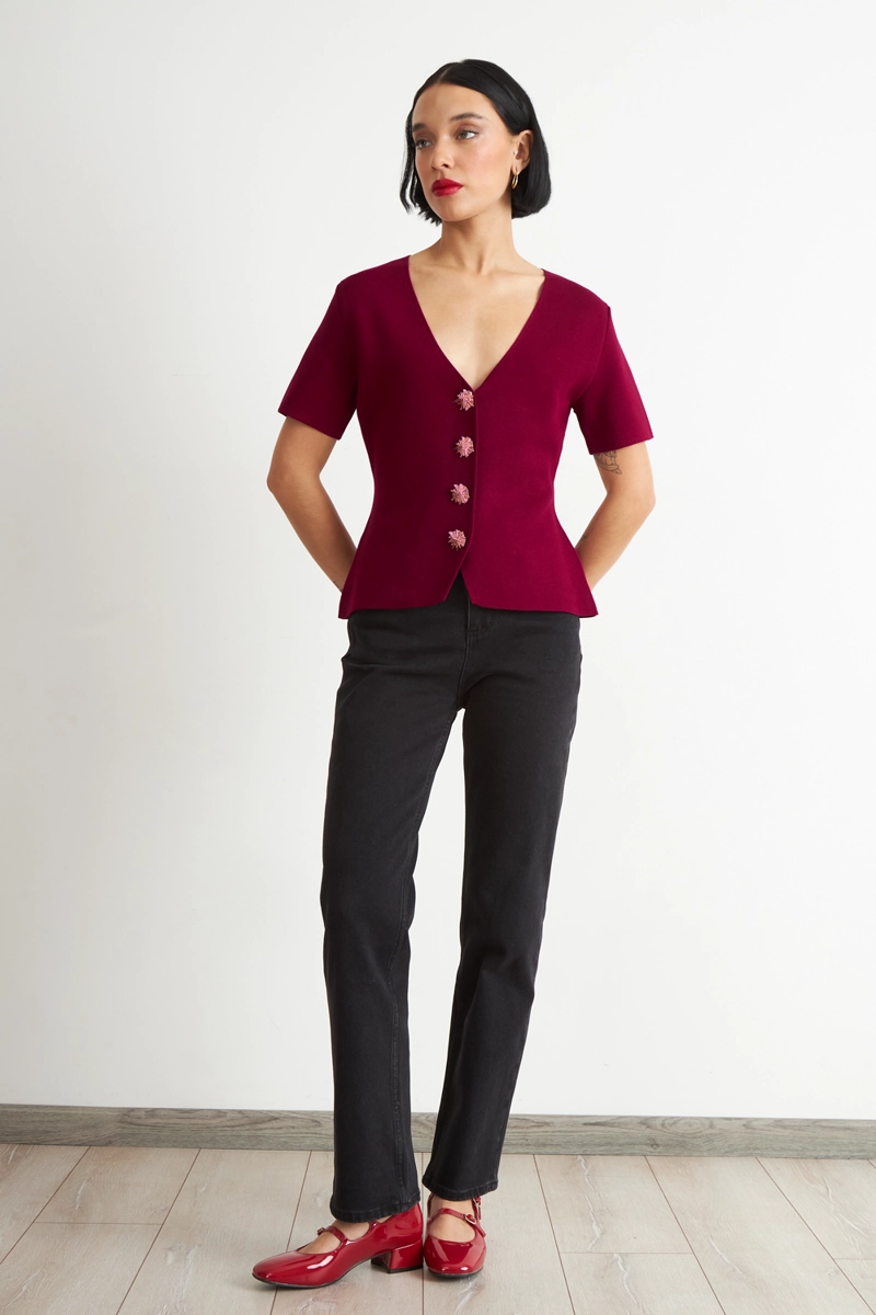 POLERA HILO CUELLO V BOTONES BURDEO	 MUJER NICOPOLY - 2