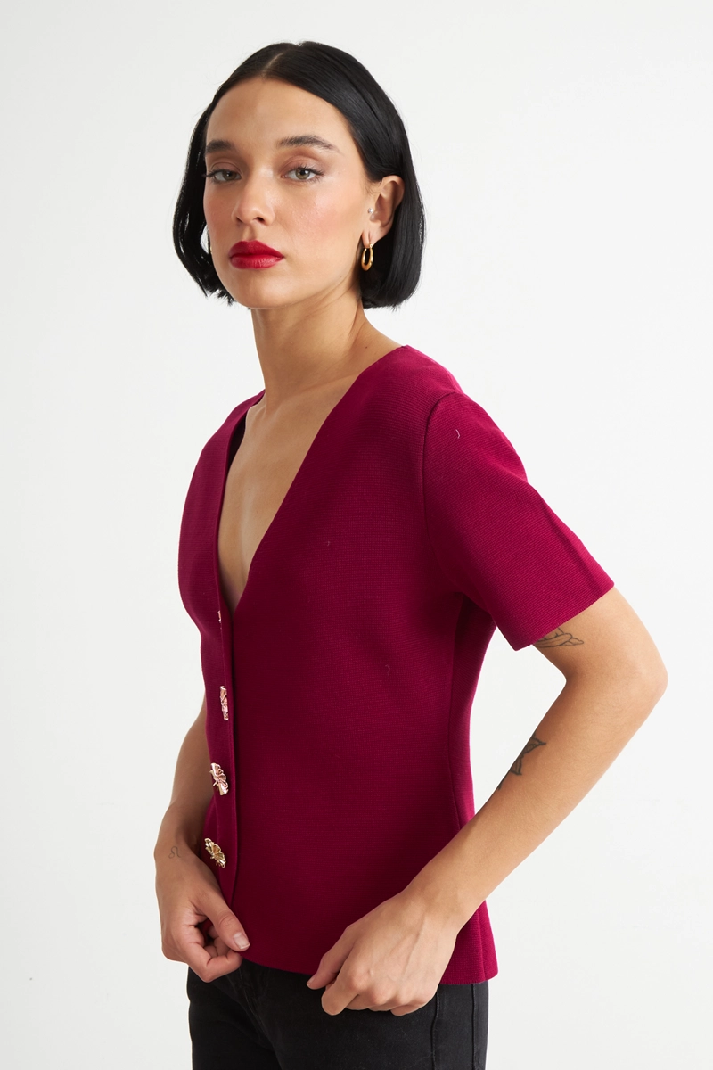 POLERA HILO CUELLO V BOTONES BURDEO	 MUJER NICOPOLY - 3