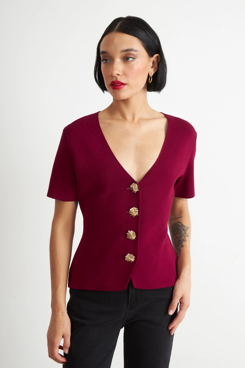 POLERA HILO CUELLO V BOTONES BURDEO	 MUJER NICOPOLY - 5