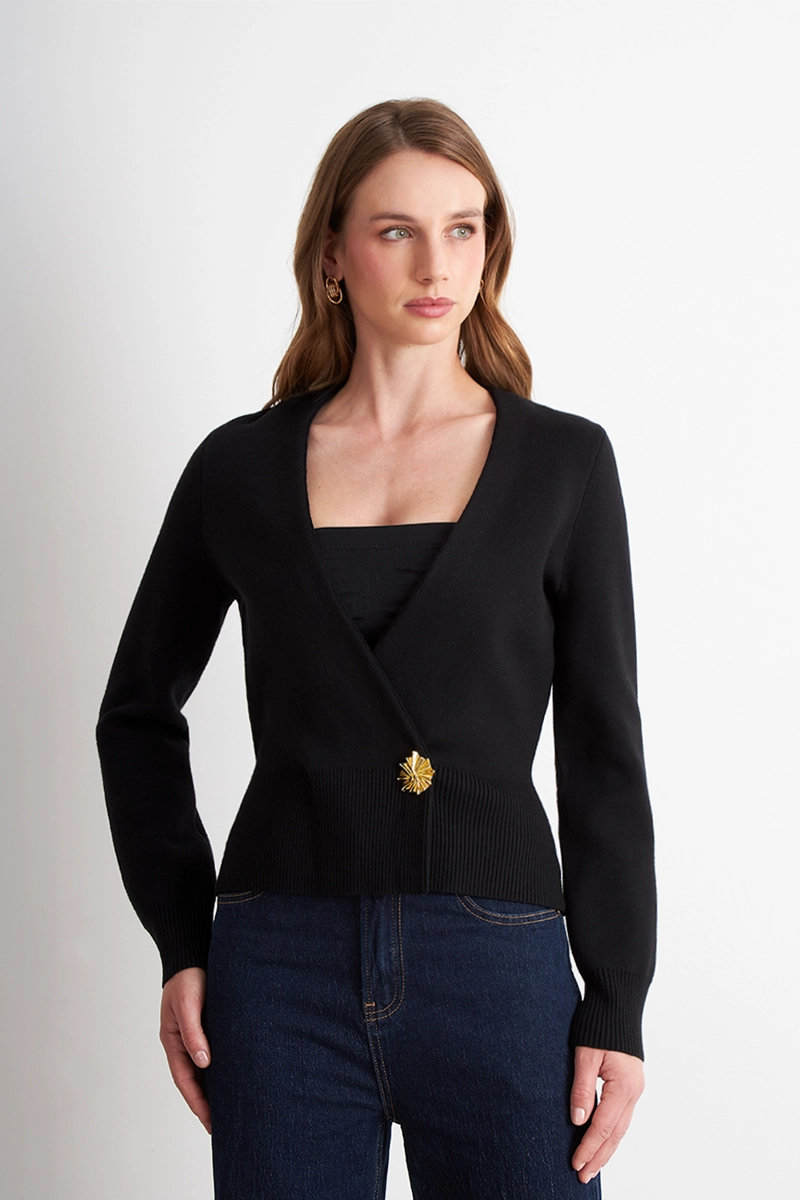 CARDIGAN CRUZADO CON BOTON DORADO NEGRO NICOPOLY - 1