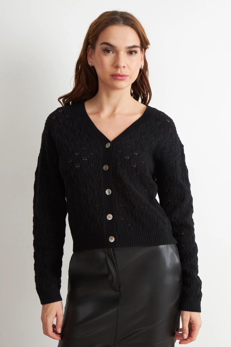 CARDIGAN TEJIDO CALADO CUELLO V NEGRO MUJER NICOPOLY - 1