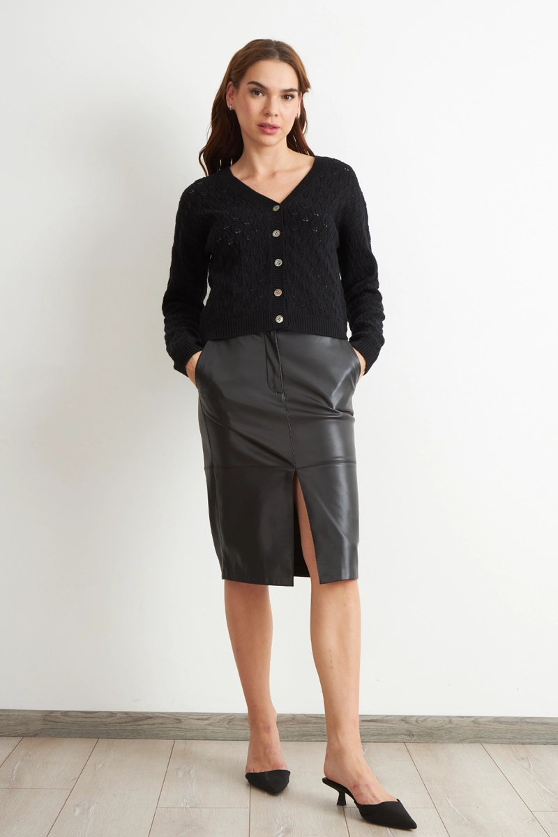 CARDIGAN TEJIDO CALADO CUELLO V NEGRO MUJER NICOPOLY - 2