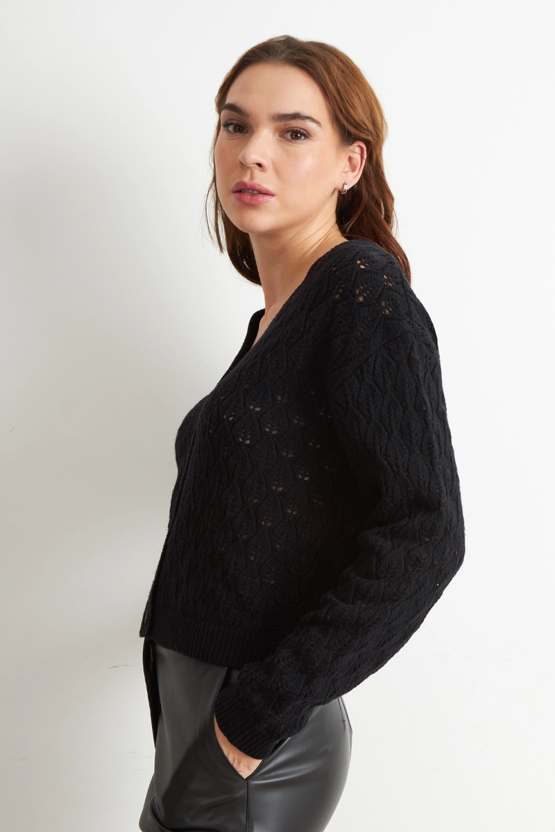 CARDIGAN TEJIDO CALADO CUELLO V NEGRO MUJER NICOPOLY - 3
