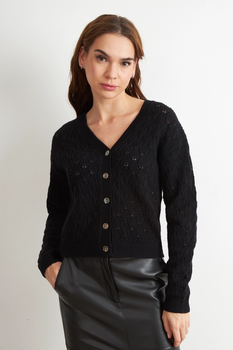 CARDIGAN TEJIDO CALADO CUELLO V NEGRO MUJER NICOPOLY - 5