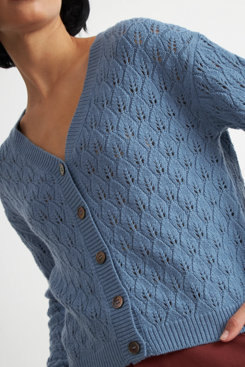 CARDIGAN TEJIDO CALADO CUELLO V CELESTE MUJER NICOPOLY - 6