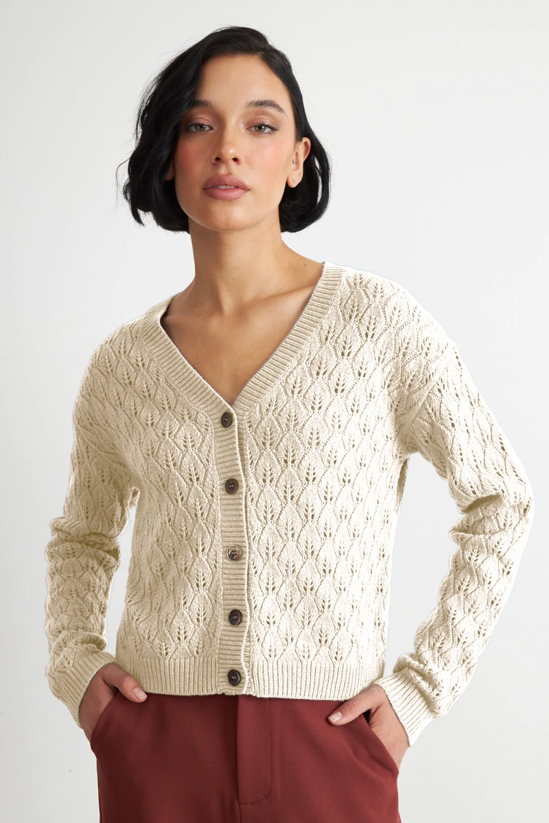 CARDIGAN TEJIDO CALADO CUELLO V BLANCO NICOPOLY - 1
