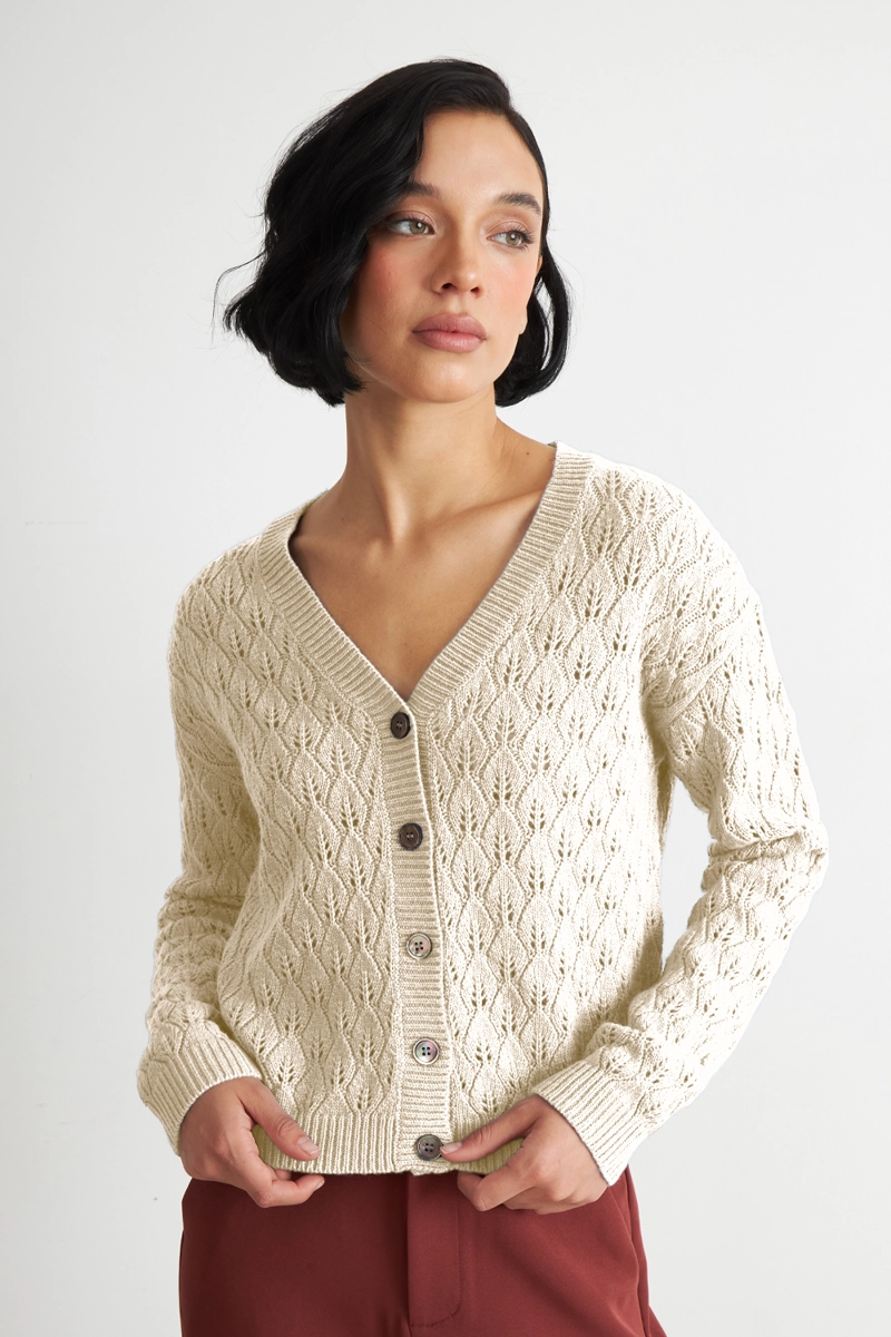 CARDIGAN TEJIDO CALADO CUELLO V BLANCO NICOPOLY - 5