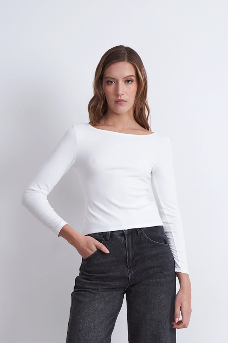 POLERA MANGA LARGA CUELLO BOTE BLANCO MUJER NICOPOLY - 2