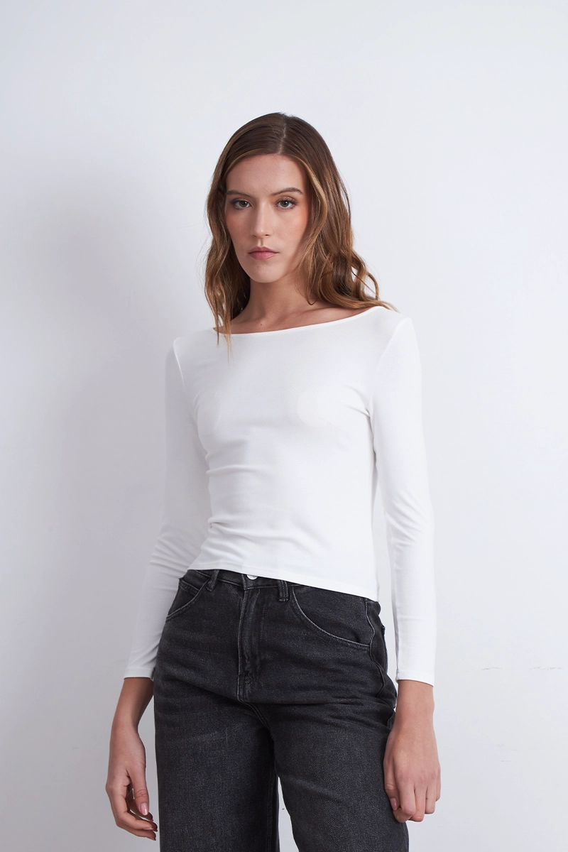 POLERA MANGA LARGA CUELLO BOTE BLANCO MUJER NICOPOLY - 6