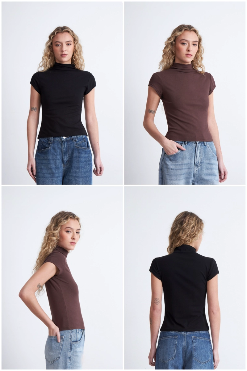 POLERA MANGA CORTA CUELLO ALTO CAFE MUJER NICOPOLY - 5