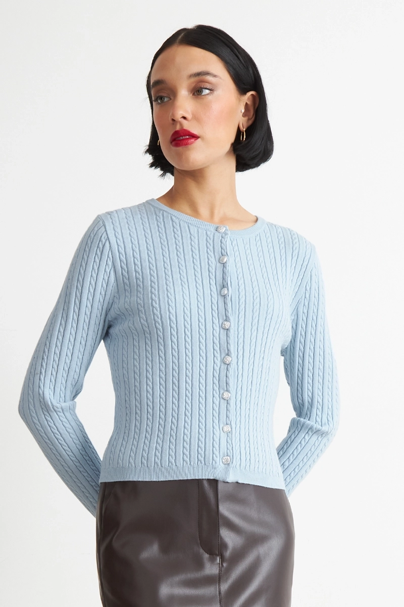 CARDIGAN TRENZADO CUELLO REDONDO CELESTE NICOPOLY - 1