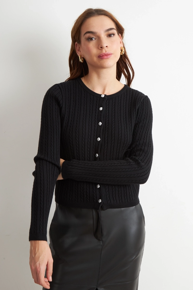 CARDIGAN TRENZADO CUELLO REDONDO NEGRO NICOPOLY - 1