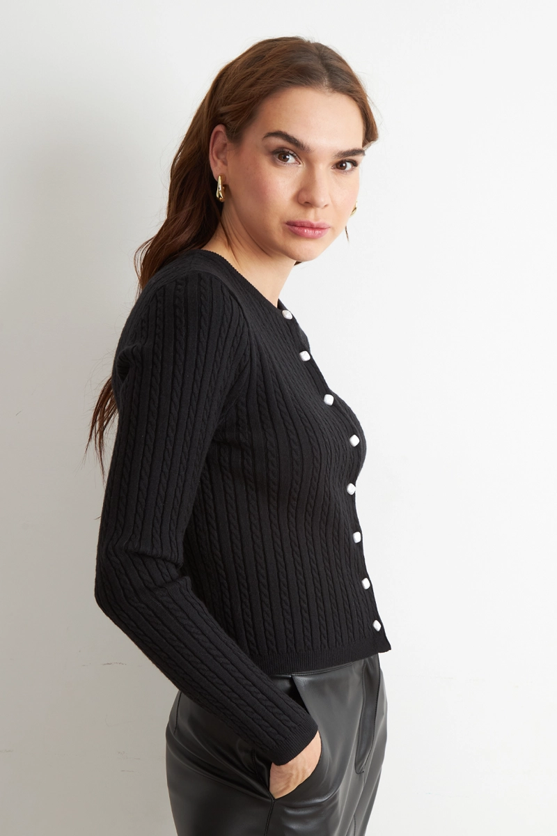 CARDIGAN TRENZADO CUELLO REDONDO NEGRO NICOPOLY - 3