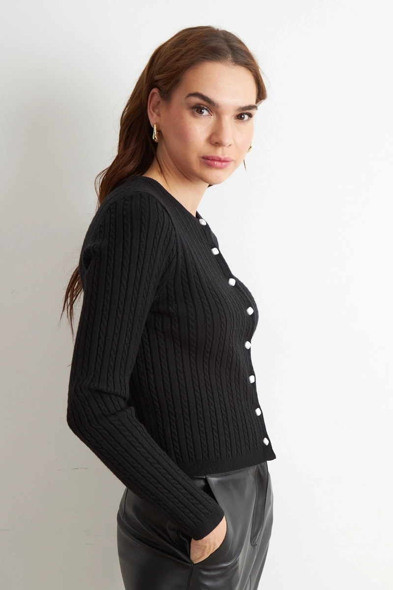 CARDIGAN TRENZADO CUELLO REDONDO NEGRO NICOPOLY - 3
