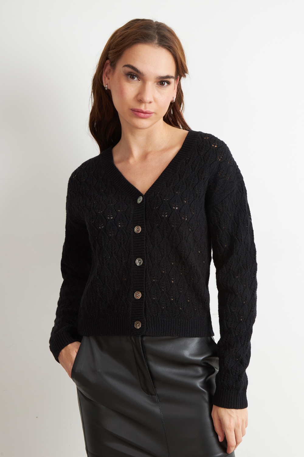 CARDIGAN TEJIDO CALADO CUELLO V NEGRO NICOPOLY - 5