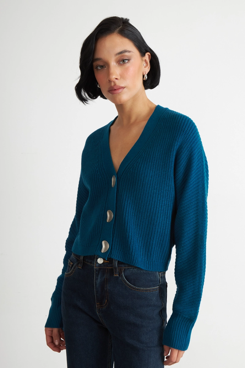 CARDIGAN CUELLO V CON 3 BOTONES VERDE AZULADO NICOPOLY - 1