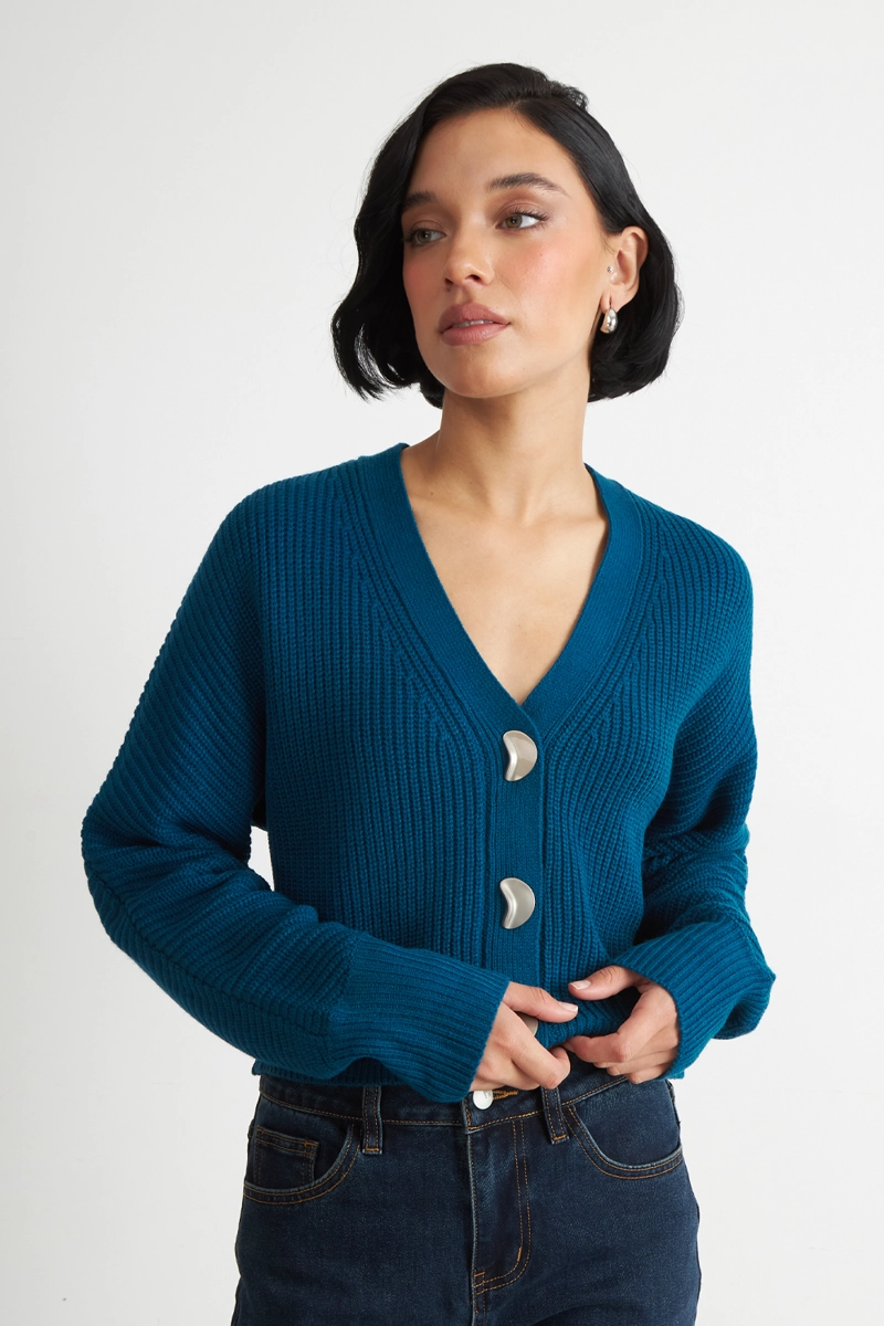 CARDIGAN CUELLO V CON 3 BOTONES VERDE AZULADO NICOPOLY - 5