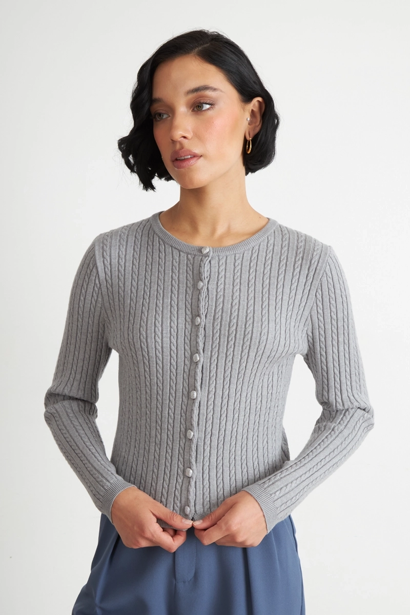 CARDIGAN TRENZADO CUELLO REDONDO GRIS NICOPOLY - 1