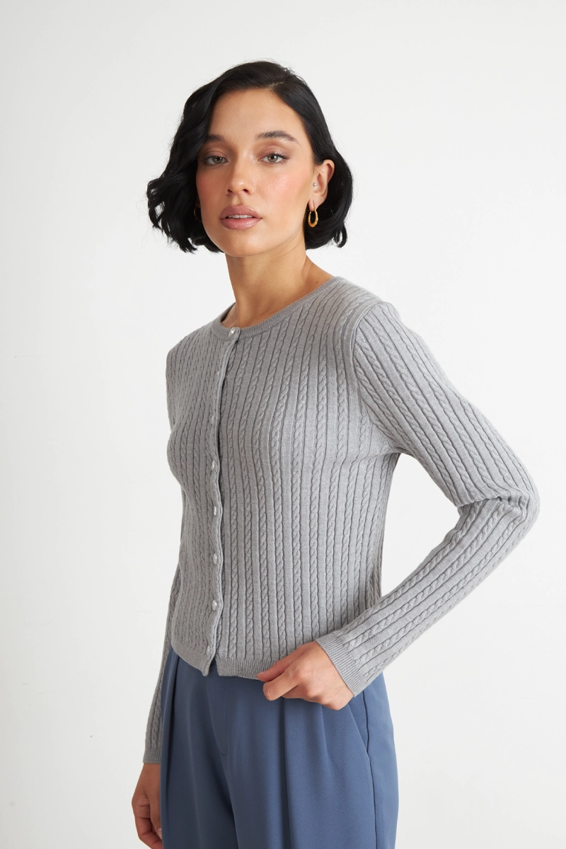 CARDIGAN TRENZADO CUELLO REDONDO GRIS NICOPOLY - 3