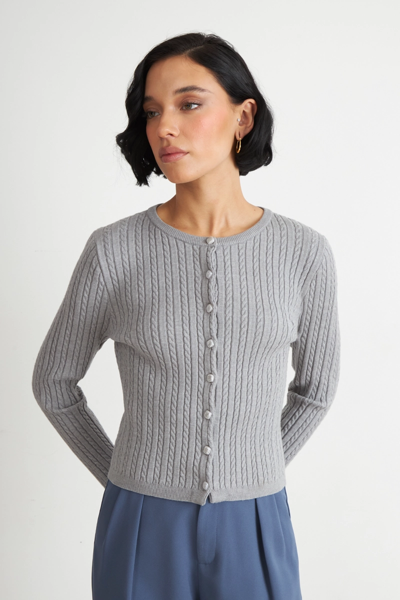 CARDIGAN TRENZADO CUELLO REDONDO GRIS NICOPOLY - 5