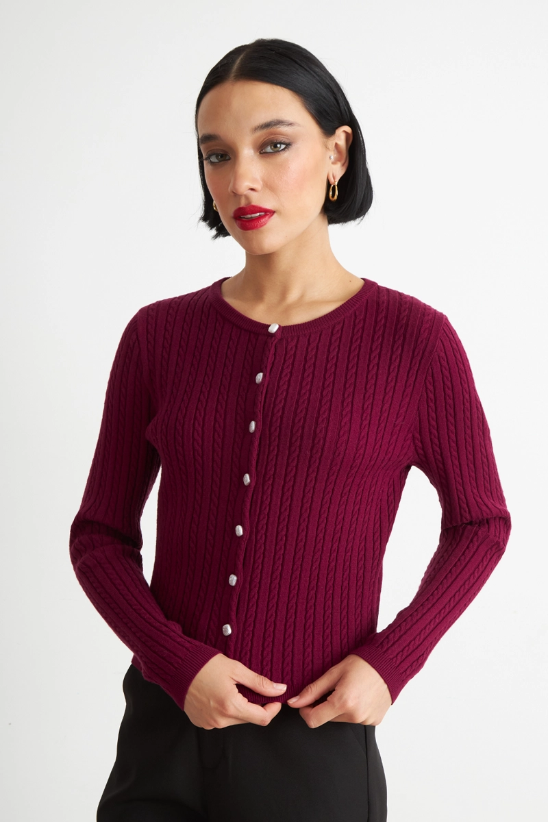 CARDIGAN TRENZADO CUELLO REDONDO BURDEO NICOPOLY - 1