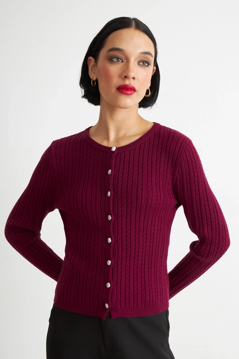 CARDIGAN TRENZADO CUELLO REDONDO BURDEO NICOPOLY - 5