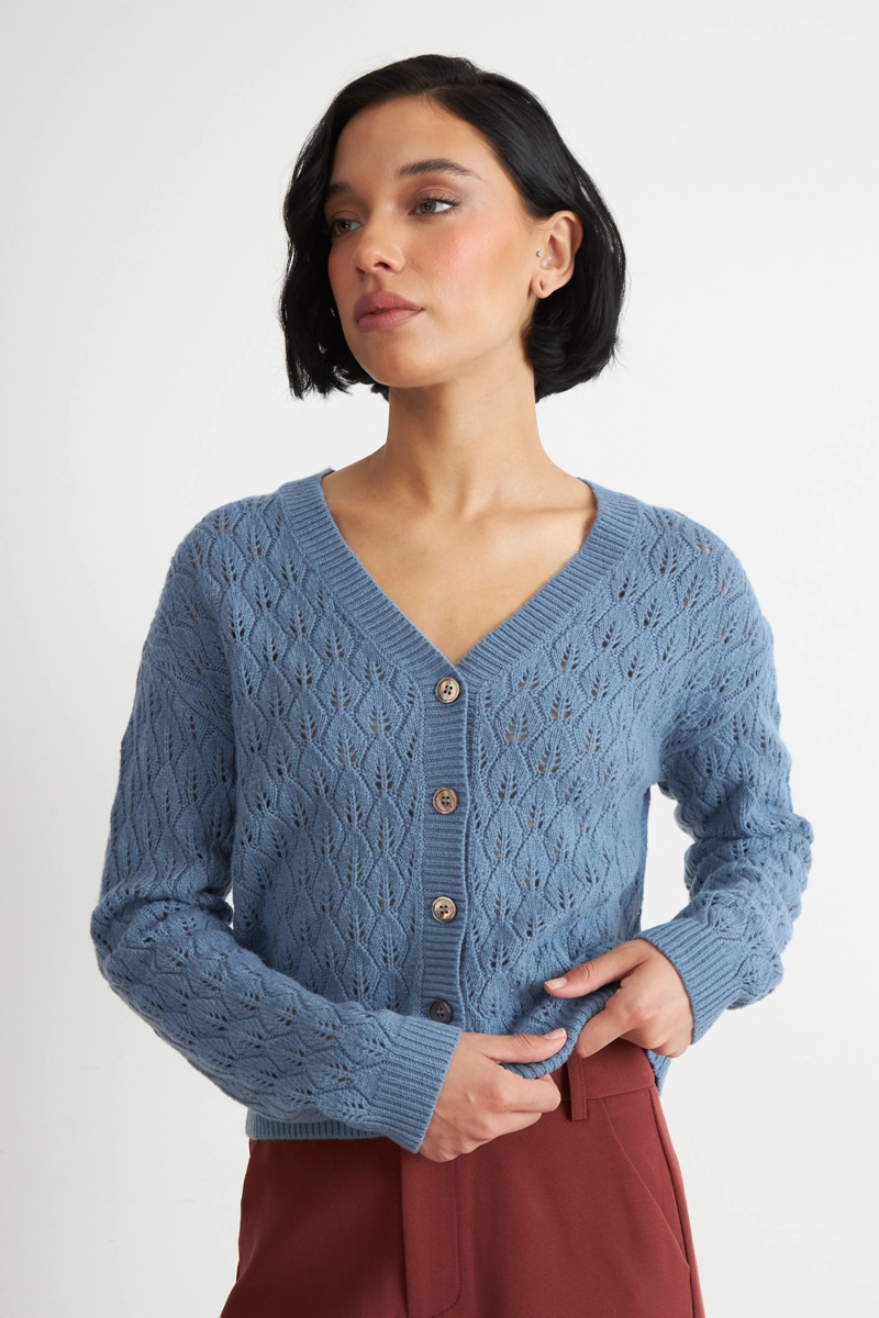 CARDIGAN TEJIDO CALADO CUELLO V CELESTE NICOPOLY - 1